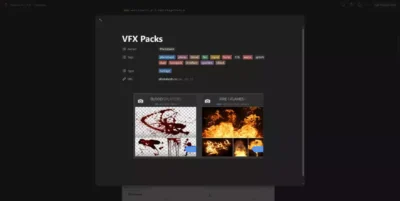 Fenêtre contextuelle affichant un pack d'assets de sang et de flammes sur la base de données VFX