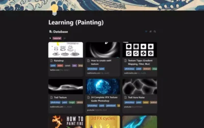 Galerie de tutoriels de peinture numérique pour VFX sur Notion incluant des guides pour textures de trails