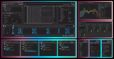 Interface logicielle de Wwise présentant différents panels de mixage, de gestion de banques audio et de courbes d'effets