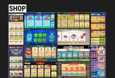 Planche de références UI de boutiques in-game extraites de succès mobiles comme Brawl Stars ou Coin Master