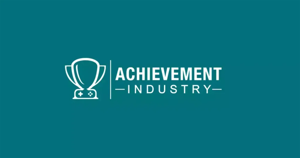 Logo officiel d'Achievement Industry, portail dédié à l'emploi et au réseau professionnel du jeu vidéo, sur fond bleu