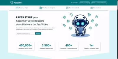 Page d'accueil du portail Achievement Industry présentant les services d'emploi, l'annuaire d'entreprises et d'écoles de jeux vidéo