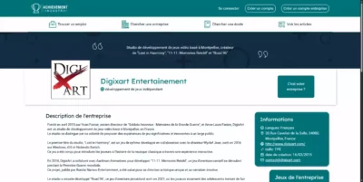 Fiche de l'entreprise Digixart sur Achievement Industry affichant la description du studio et ses informations de contact