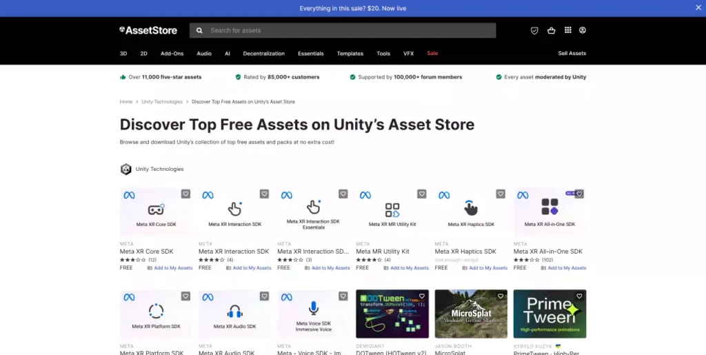Interface de la section Top Free Assets de l'Unity Asset Store présentant une sélection d'outils et de SDK gratuits.