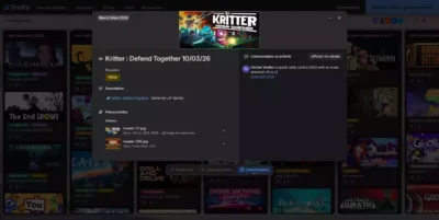 Interface Trello de la ressource French Games affichant la fiche détaillée du jeu Kritter : Defend Together.