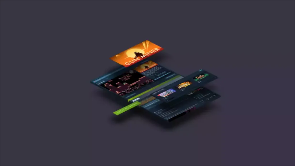 Vue éclatée en 3D des éléments d'une page Steam pour le jeu Gun Miner illustrant la structure d'une fiche produit.