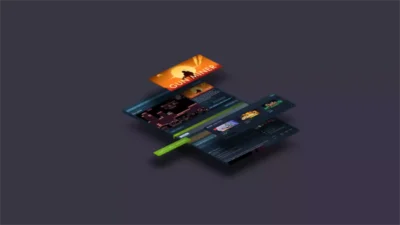 Vue éclatée en 3D des éléments d'une page Steam pour le jeu Gun Miner illustrant la structure d'une fiche produit.