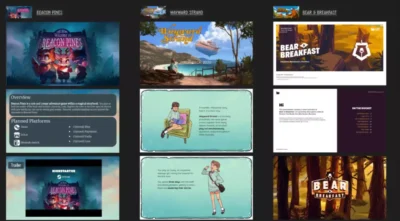 Exemples de présentations pour les jeux Beacon Pines, Wayward Strand et Bear & Breakfast sur Figma