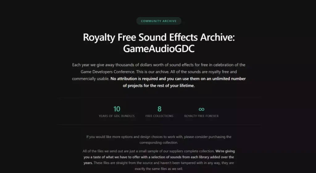 Page d'accueil de l'archive GameAudioGDC de Sonniss présentant dix ans de collections de bruitages gratuits pour le jeu vidéo