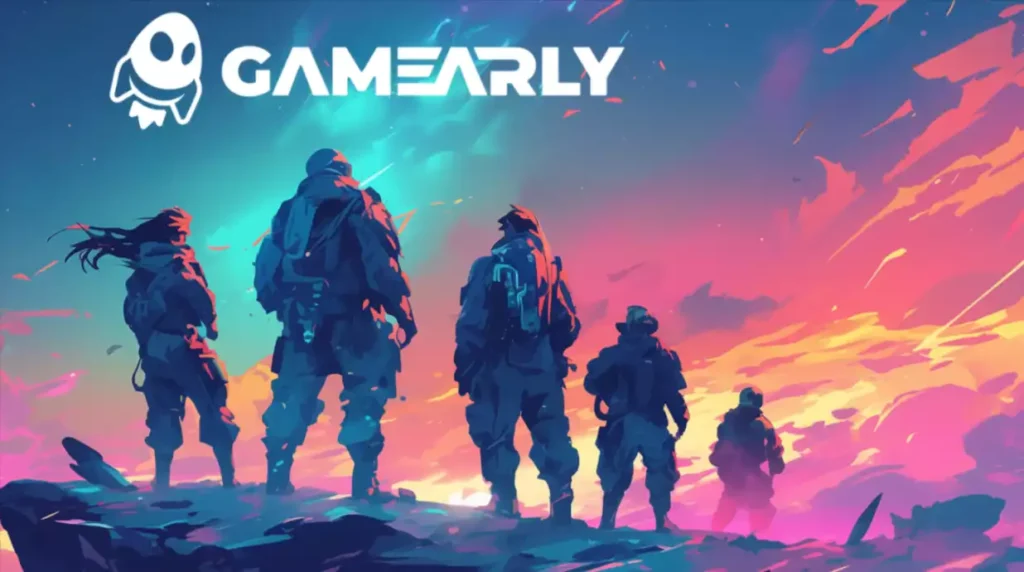 Logo promotionnel de Gamearly avec un astronaute stylisé et des silhouettes de personnages devant un ciel étoilé coloré