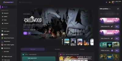 Tableau de bord de la plateforme Gamearly montrant le jeu 'CHILDWOOD' et des défis quotidiens