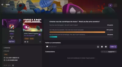 Interface de vote communautaire sur Gamearly proposant des choix de cosmétiques pour le jeu Kritter: Defend Together