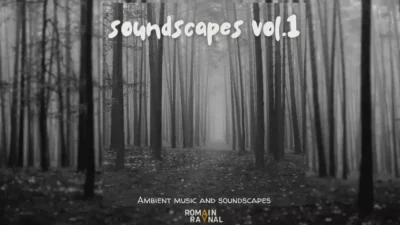 Visuel en noir et blanc d'une forêt brumeuse illustrant le pack de musiques d'ambiance Soundscapes