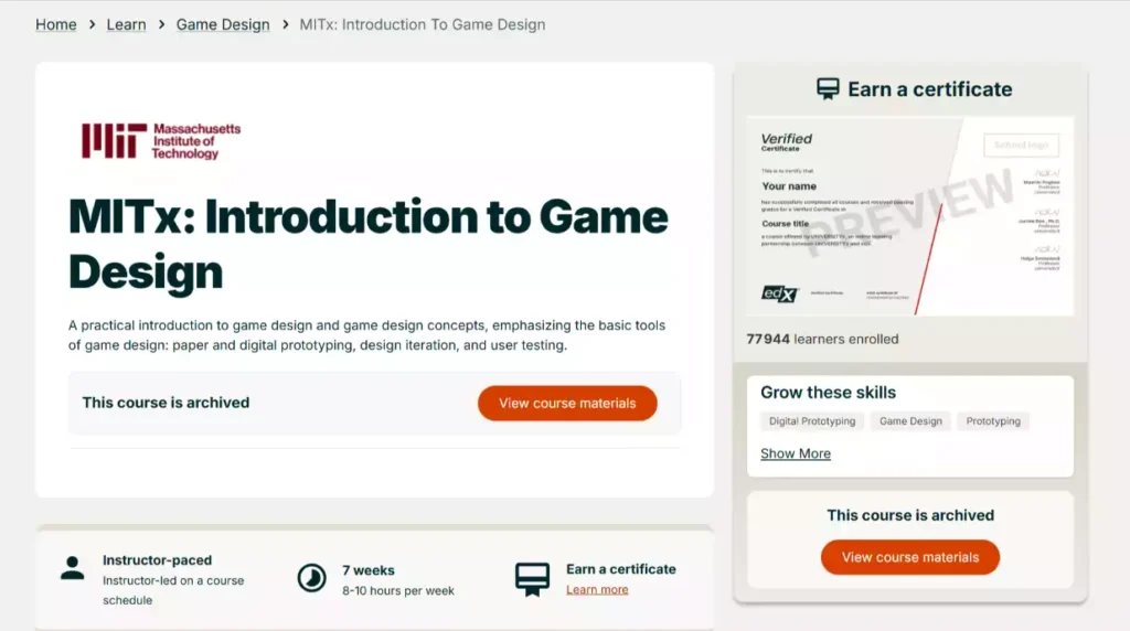 Page de présentation du cours MITx Introduction to Game Design sur la plateforme edX pour les futurs game designers