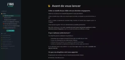 Interface de la plateforme, présentant le sommaire détaillé et l'introduction du guide J'vais pour créer un studio.