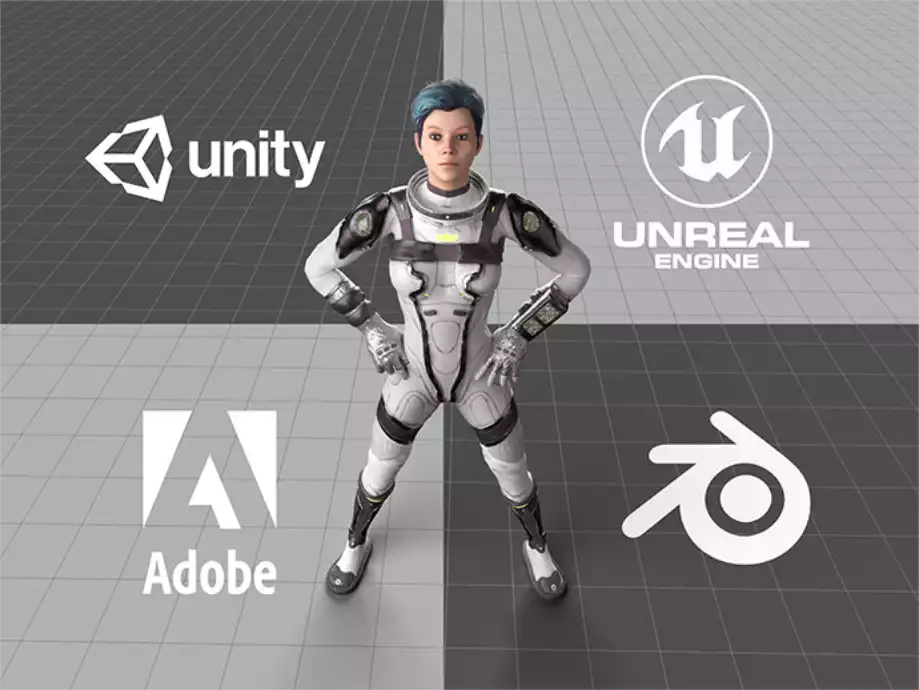 Logos de Unity, Unreal Engine, Adobe et Blender entourant un personnage 3D pour illustrer la compatibilité moteur