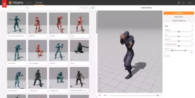 Interface de la bibliothèque d'animations Mixamo présentant un personnage de ninja animé avec des paramètres de réglage