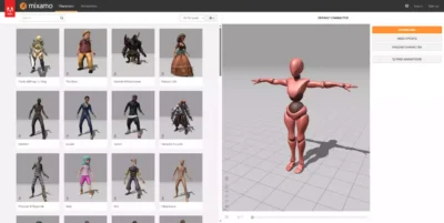 Catalogue de personnages 3D sur Mixamo montrant un modèle de mannequin en pose T pour l'auto-rigging