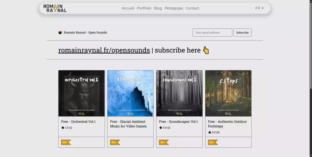 Page web Open Sounds de Romain Raynal présentant quatre packs de ressources audio pour jeux vidéo