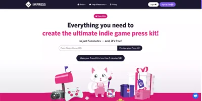 Page d'accueil de Press Kitty présentant un chat blanc illustrateur et un champ d'URL Steam.