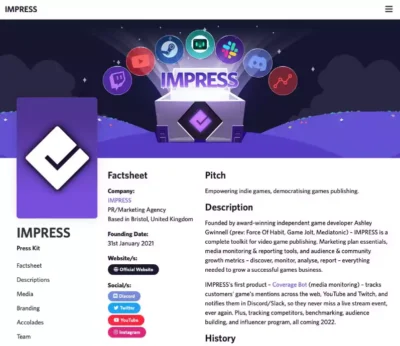 Interface d'un press kit généré par IMPRESS affichant la section Factsheet et le pitch du projet