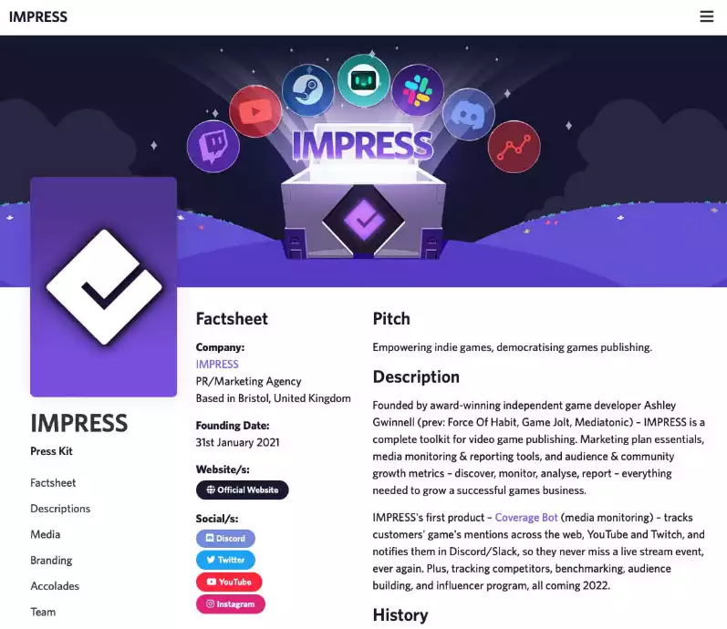 Interface d'un press kit généré par IMPRESS affichant la section Factsheet et le pitch du projet
