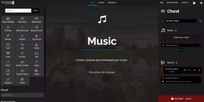 Interface de recherche We Love Indies présentant les catégories de musiques par genre pour les créateurs de jeux