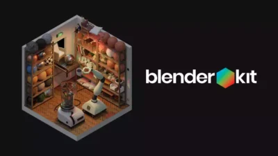 Logo de BlenderKit à côté d'une illustration isométrique d'un atelier rempli d'assets et de matériaux 3D
