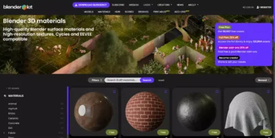 Catalogue de matériaux PBR sur BlenderKit présentant des textures de briques et de tissus pour le rendu 3D