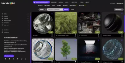 Interface de recherche de BlenderKit affichant des modèles 3D d'arbres, de verre et des scènes urbaines gratuites