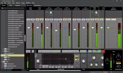 Console de mixage FMOD Studio montrant les différents bus audio et les effets de spatialisation pour le jeu