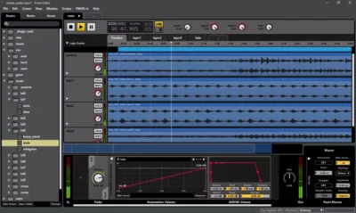 Interface d'édition d'événements FMOD Studio affichant une timeline multi-pistes pour la gestion de musique adaptative