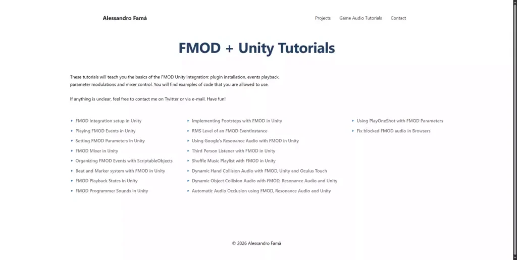 Liste des tutoriels FMOD + Unity sur le site d'Alessandro Famà pour l'intégration audio de jeux vidéo
