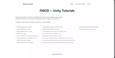 Liste des tutoriels FMOD + Unity sur le site d'Alessandro Famà pour l'intégration audio de jeux vidéo