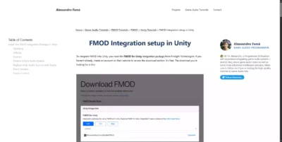 Interface de téléchargement de l'intégration FMOD pour Unity illustrant la procédure de configuration initiale pour les développeurs