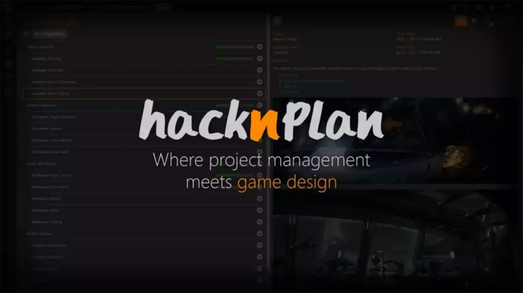 Logo de HacknPlan avec le slogan « Where project management meets game design » sur fond d'interface de production