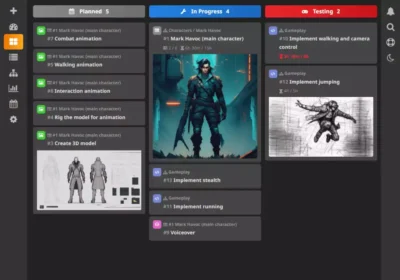 Tableau Kanban de HacknPlan affichant des colonnes de tâches pour la création d'un personnage de jeu vidéo