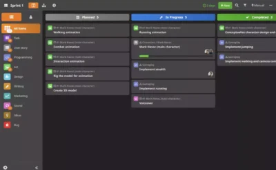 Vue d'un sprint sur HacknPlan montrant la répartition des tâches entre programmation, art et game design