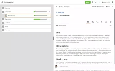 Interface du Game Design Model de HacknPlan détaillant la biographie et les caractéristiques narratives d'un personnage