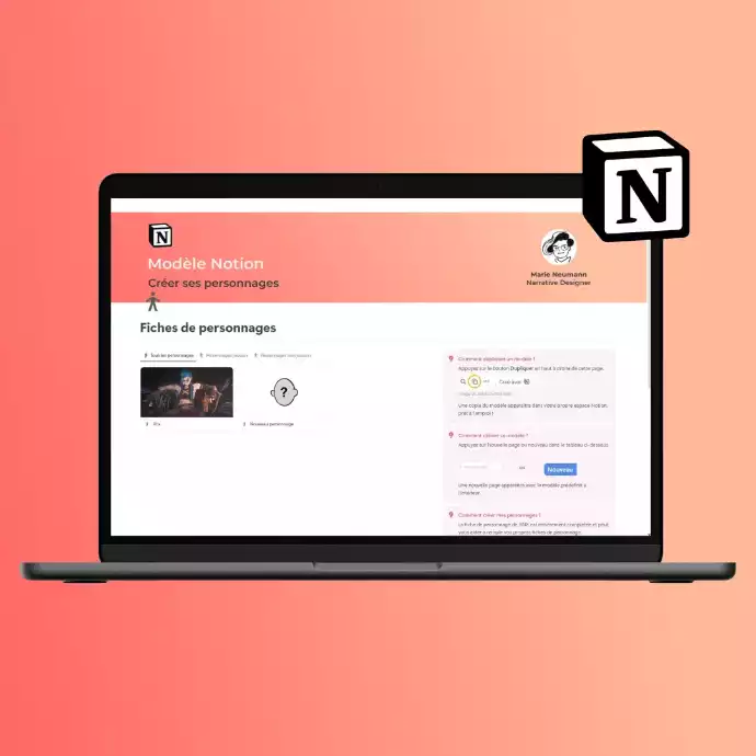 Aperçu d'une page Notion de Marie Neumann présentant un modèle de création de fiches de personnages pour le jeu vidéo