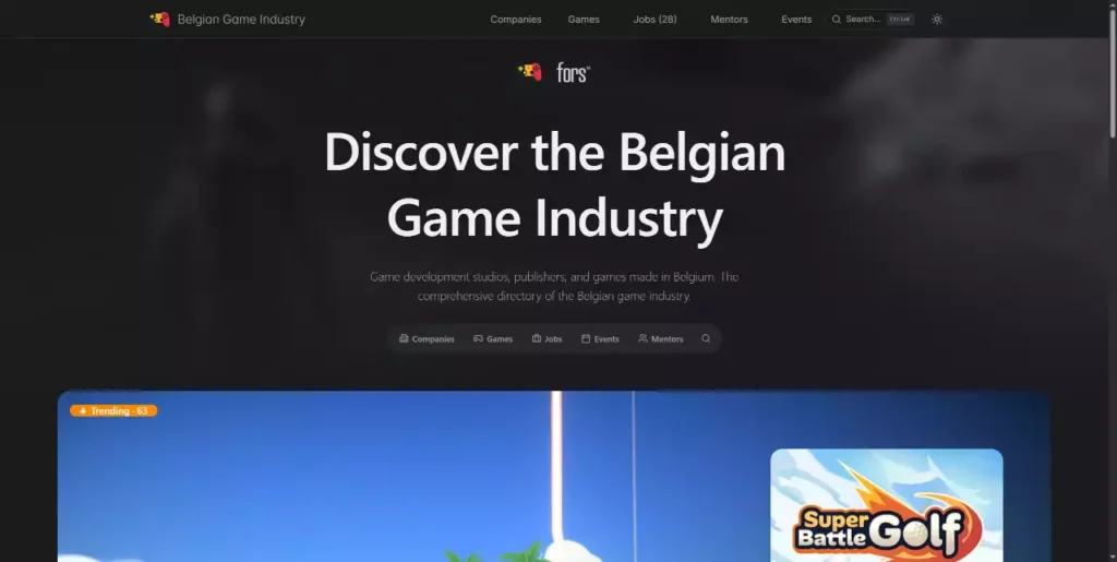 Page d'accueil de Belgian Game Industry affichant un annuaire complet des studios de développement et éditeurs en Belgique