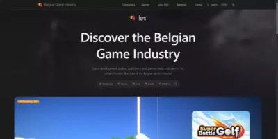 Page d'accueil de Belgian Game Industry affichant un annuaire complet des studios de développement et éditeurs en Belgique