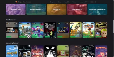 Interface du site Belgian Game Industry présentant des catégories pour les développeurs, prestataires de services, éducation et associations