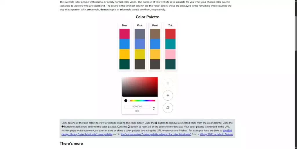 Interface de l'outil Coloring for Colorblindness présentant un simulateur de palette interactive avec les visions protanope, deutéranope et tritanope