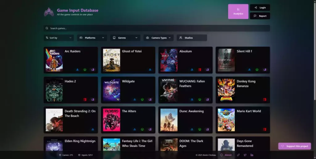Interface de la Game Input Database présentant une bibliothèque de jeux vidéo pour l'analyse des contrôles