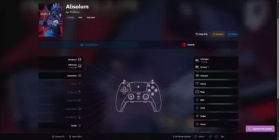 Schéma détaillé des contrôles de la manette PlayStation pour le jeu Absolum sur Game Input Database