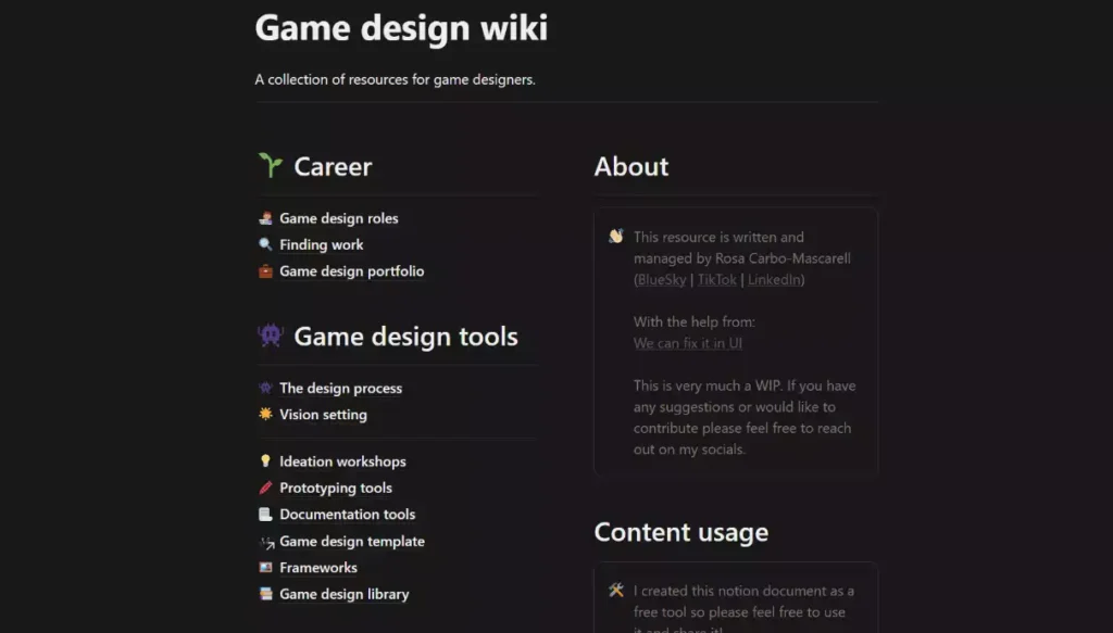 Page d'accueil du Game Design Wiki sur Notion présentant les sections carrière et outils de conception
