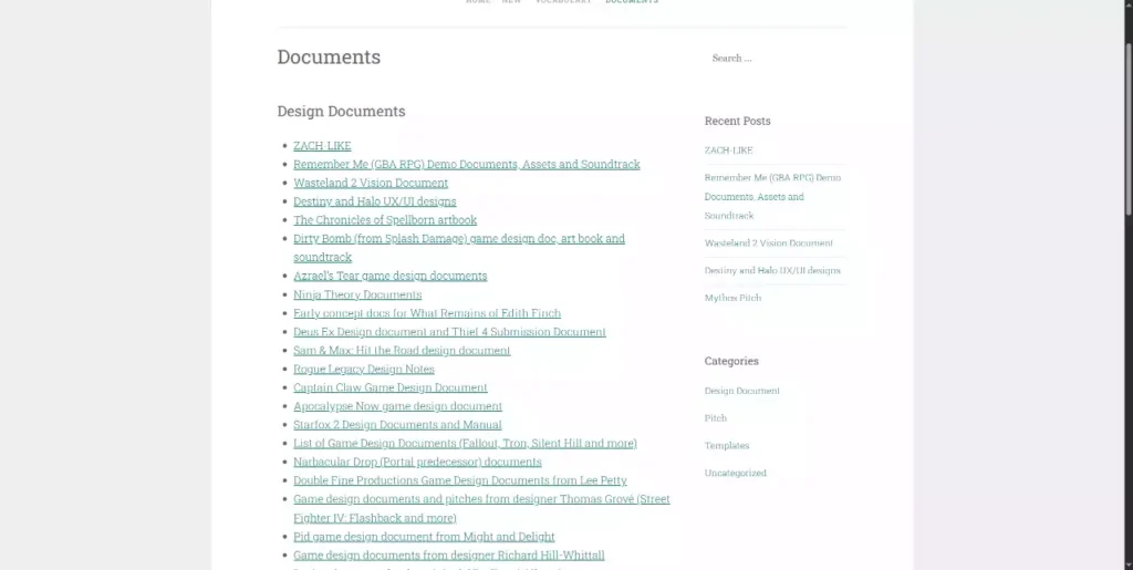 Page de la bibliothèque GameDocs listant de nombreux documents de conception, bibles de pitch et guides techniques de jeux vidéo