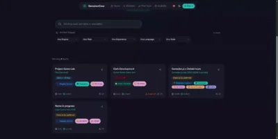 Interface de recherche de la plateforme GameJamCrew présentant des filtres par moteur, rôle et expérience pour trouver une équipe