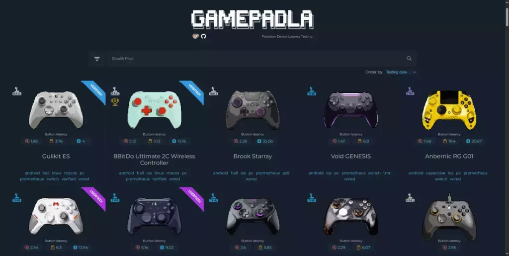Interface de Gamepadla affichant une bibliothèque de manettes avec leurs statistiques de latence pour développeurs exigeants